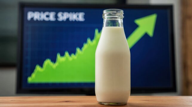 Glass bottle filled with fresh milk placed on wooden table with rising green graph and price spike text on digital screen in the background illustrating cost increase