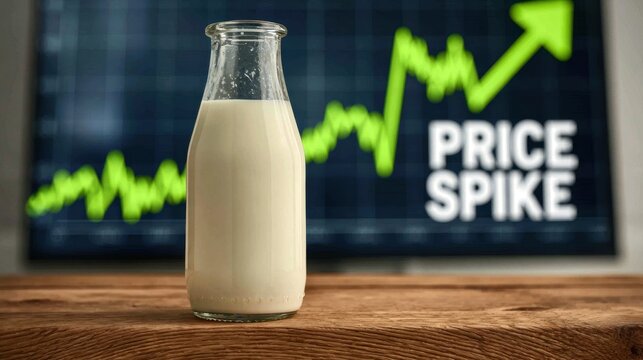 Glass bottle filled with fresh milk in front of rising price spike graph illustrating increase of dairy product cost and market inflation concept on wooden table surface