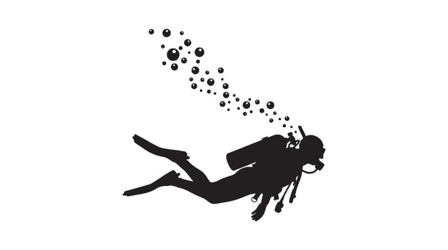 Scuba diver with bubbles black silhouette diving