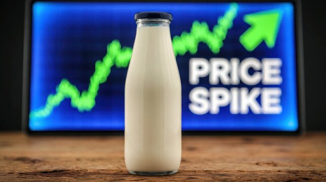 Glass bottle filled with milk placed on wooden surface with a blurred background showing rising line graph and text indicating significant increase in price spike