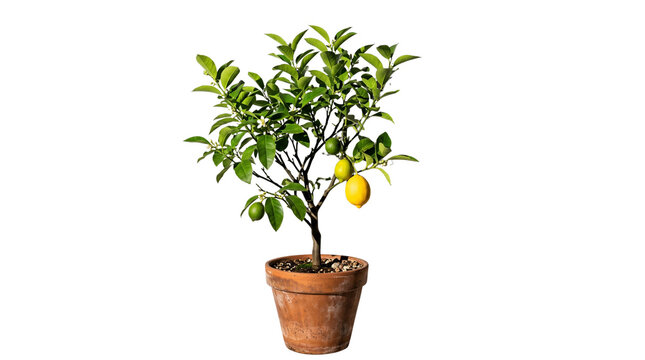 Lemon tree in terracotta pot, indoor citrus plant with yellow fruit, potted lemon sapling isolated on white background, mediterranean home garden decor