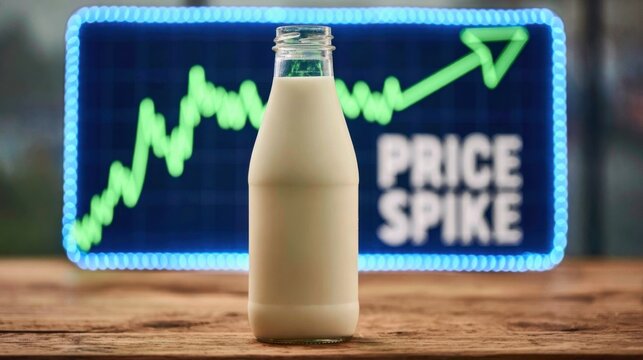 Glass bottle filled with creamy liquid in front of digital screen showing upward trend and text indicating sharp increase in market cost and price spike concept