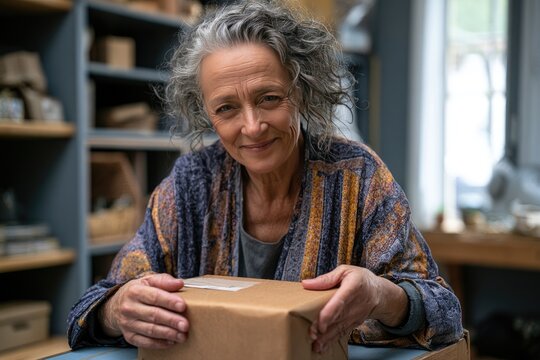 Senior Entrepreneur Smiling While Packing Box in Home Office