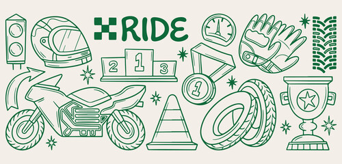 Motorbike racing sport doodle background, motorcycle rider line art pattern, speed race sketch illustration, custom chopper seamless texture, championship winner icon set, active lifestyle elements wa © Geetaroy