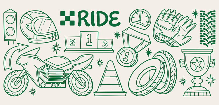 Motorbike racing sport doodle background, motorcycle rider line art pattern, speed race sketch illustration, custom chopper seamless texture, championship winner icon set, active lifestyle elements wa