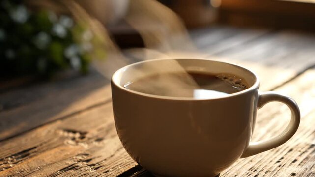 Hot black coffee in a white ceramic mug with rising steam vapor on a rustic brown wooden table surface, close-up shot of steaming hot beverage in cafe or home setting.