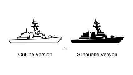 Warship Outline and Silhouette: Two distinct representations of a modern warship are presented, one as a clean outline and the other as a bold silhouette. © md