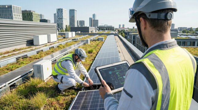 Engineers inspecting and monitoring solar panel system on a green roof using digital tablet, sustainable urban architecture and smart grid maintenance.