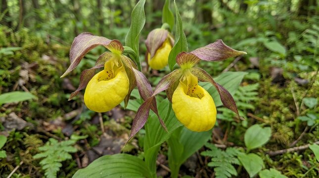 Delicate yellow lady's slipper orchids bloom in a lush, green forest setting.
