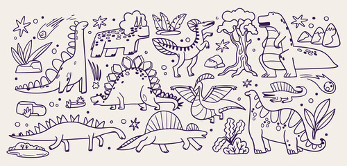Prehistoric dinosaurs world doodle background, jurassic park line art pattern, wild reptiles sketch illustration, ancient nature seamless texture, triceratops t rex icon set, volcano jungle elements w © Geetaroy