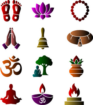Guru Purnima and Hindu spiritual puja elements icon set featuring charan paduka, lotus, om, kalash, diya, havan fire, and praying hands with vibrant colorful gradients isolated on a white background.