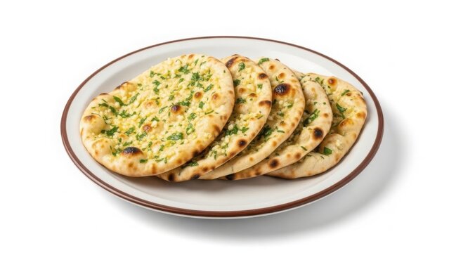 Stack of garlic naan breads on a plate isolated on white background