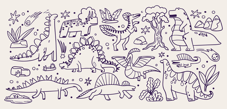Prehistoric dinosaurs world doodle background, jurassic park line art pattern, wild reptiles sketch illustration, ancient nature seamless texture, triceratops t rex icon set, volcano jungle elements w