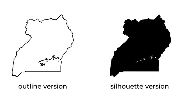 Uganda Map Outline and Silhouette: A clear presentation of the geographical shape of Uganda, displayed as both a white outline on a dark background and a solid black silhouette.