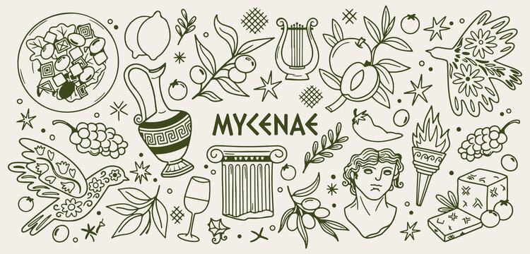 Ancient Greece history doodle background, Mycenae culture line art pattern, mythology legend sketch illustration, antique architecture seamless texture, historic museum icon set, mediterranean travel 