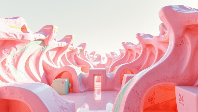 Abstract pink structures form winding corridors. Soft lighting creates dreamlike, surreal atmosphere. Minimalist design emphasizes curves, geometry.