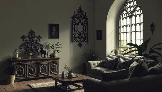 Moody living room interior, dark decor, ornate window, plants, vintage furniture