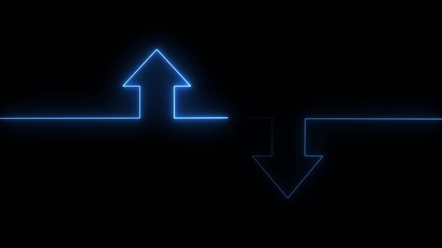 Blue Neon arrow doing direction information animation black background 4k video.