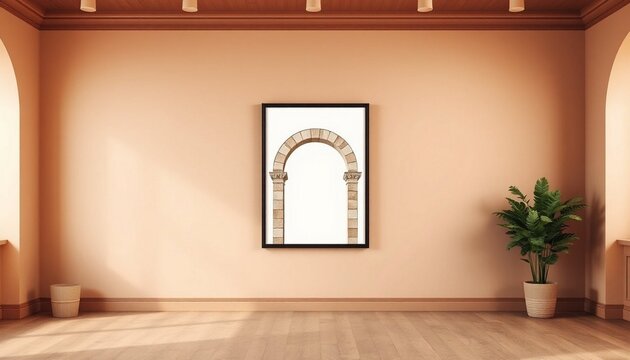 Interior design, empty room, beige walls, framed archway, modern decor, minimalist space