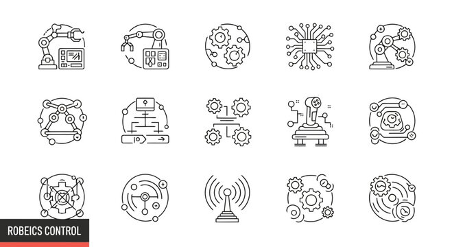 Robotics control and factory mechanical automation thin line icons.