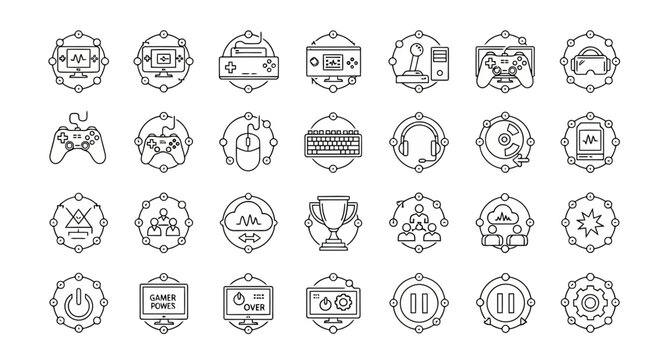 Gamer control and esports gaming interface line icon collection.