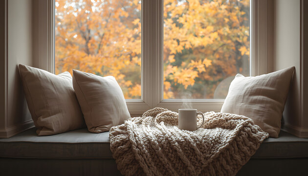 Warm cozy window seat with soft pillows a chunky knit blanket and a hot mug overlooking yellow autumn trees