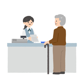 医療機関や薬局の窓口で会計をする高齢男性のイラスト / Illustration of an Elderly Man Paying at the Reception Desk of a Medical Facility or Pharmacy
