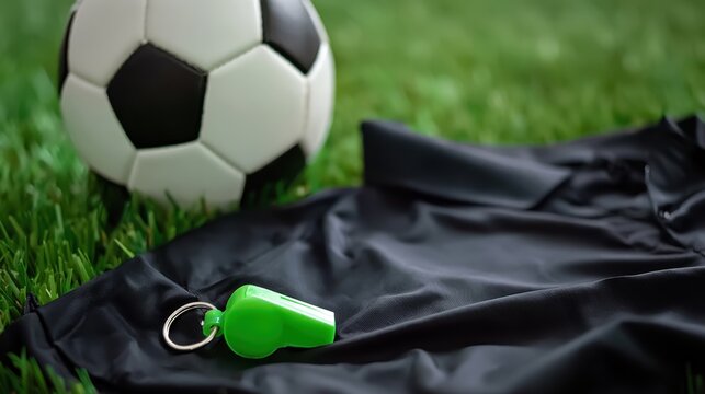 Close-up of black and white soccer ball, green whistle with keyring lying on black sports jersey on green grass field, sports equipment essentials