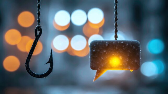 Closeup of fishing hook and glowing speech bubble shape hanging with blurred colorful bokeh background in evening rain light scene