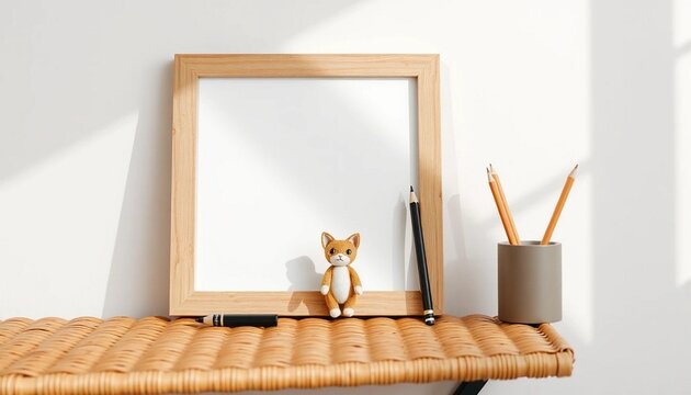 Wooden shelf, home decor, minimalist interior, rattan furniture
