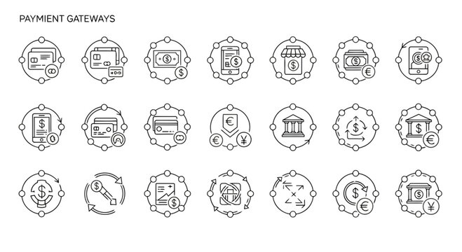 Financial payment gateways and digital transaction processing outline icon set.