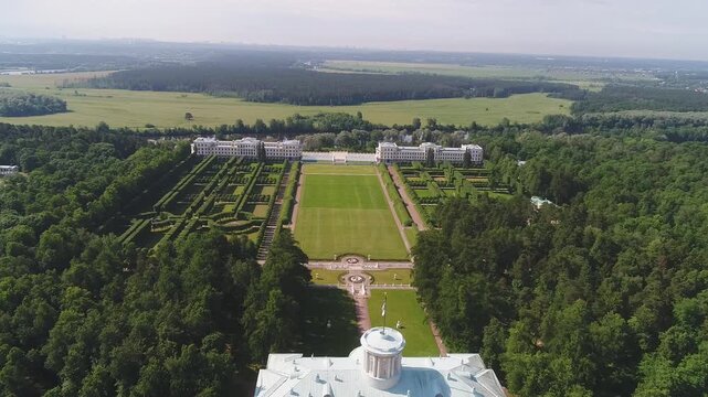 Drone forward descent over formal palace estate