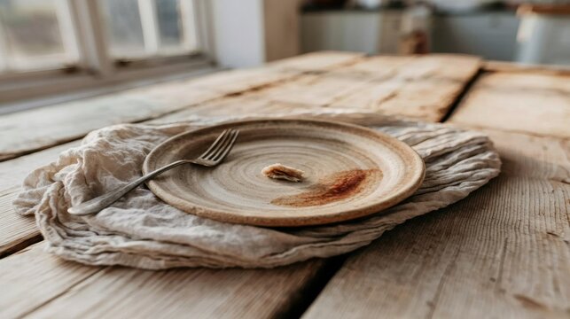 Empty rustic ceramic plate with food residue and fork on linen cloth placed on wooden table near window showcasing minimalistic dining setting with natural light