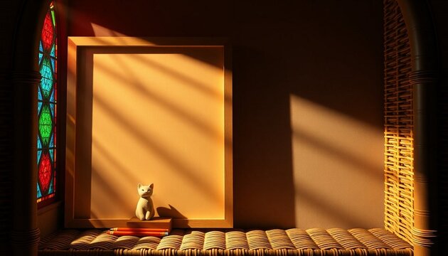 Whimsical cat, stained glass window, sunlit interior, warm shadows