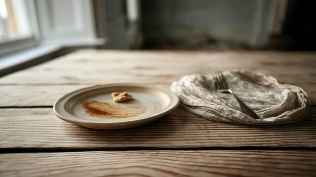Empty rustic ceramic plate with small peanut butter dollop and ceramic bowl wrapped in cloth with fork on wooden table near window soft natural light