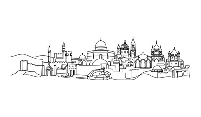 Fototapeta premium Jerusalem skyline panorama continuous one line vector illustration for travel poster and architectural design