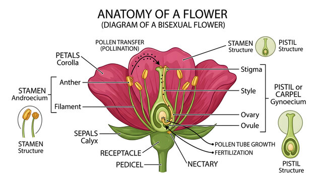 Educational Scientific Illustration Depicting the Biological Anatomy and Reproductive Structures of a Bisexual Flowering Plant