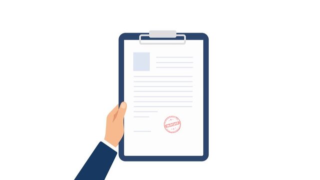 Hand applying a red rejected stamp on a business document clipboard, ideal for document rejection, office paperwork, quality control, compliance, legal review, and corporate workflow animations.