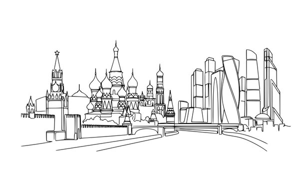 Moscow skyline one line art vector illustration with Russian landmarks for travel poster design