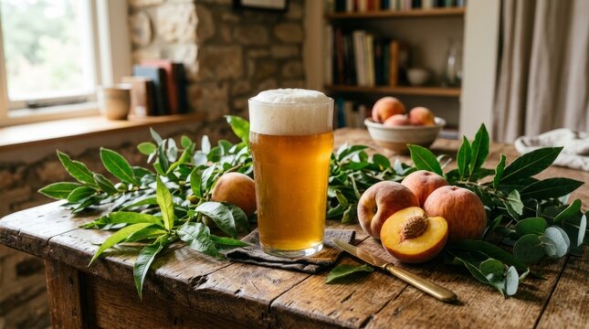 Freshly poured beer with citrus fruits and herbs on rustic wooden table.