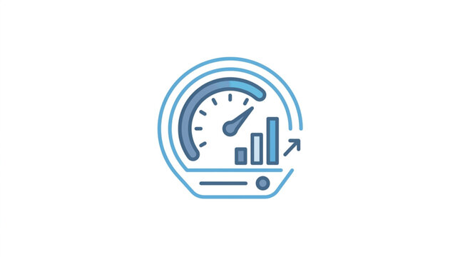 Speedometer gauge with bar chart icon inside circular design.