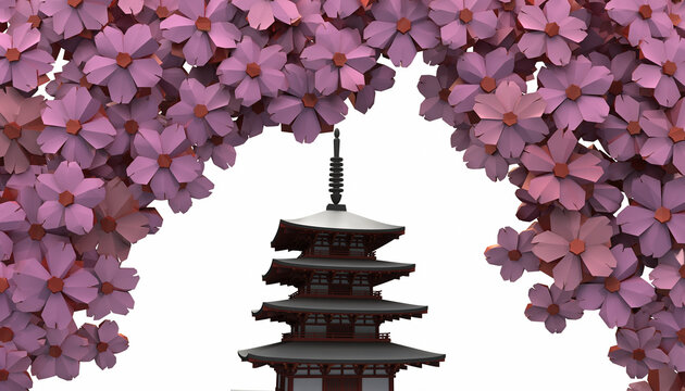 Pink Blossom Framing a Traditional Pagoda.