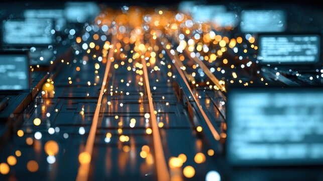 Close-up of glowing fiber optic cable strands with bokeh effect showcasing data transmission technology and futuristic digital connection concept in blue and orange light