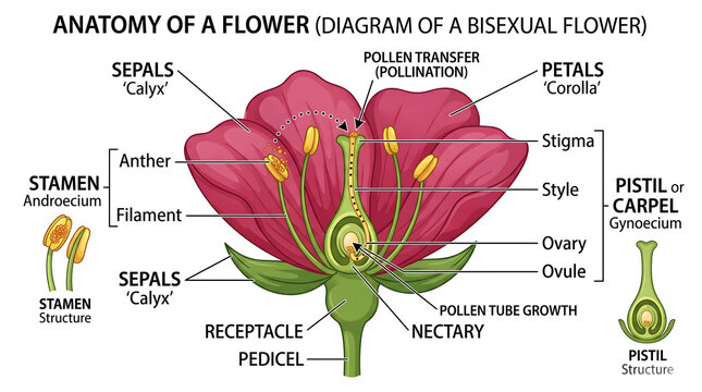 Detailed illustration of the anatomy of a bisexual flower, showcasing reproductive parts and their functions