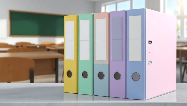 Colorful office ring binders standing on a desk in a classroom.