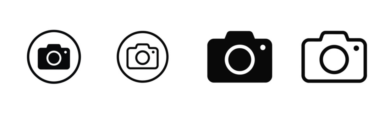 Camera icon set with stroke and filled styles, vector photography and multimedia buttons line art symbol collection for app UI web design