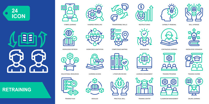 Retraining icon collection set. Hybrid Learning,Hundred Reskilling,Transferable Skills,Restructuring. Line Color vector icons