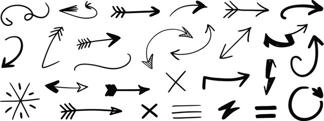 Fototapeta premium Doodle Arrow Icon in black hand-drawn style featuring curved arrows, sketch direction signs, loop symbols, and ink pointers for notes and highlights.