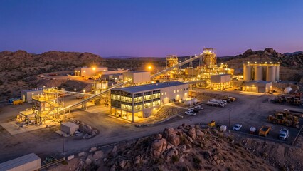 Obraz premium Modern Mining Processing Facility and Refinery Illuminated at Dusk in Arid Landscape