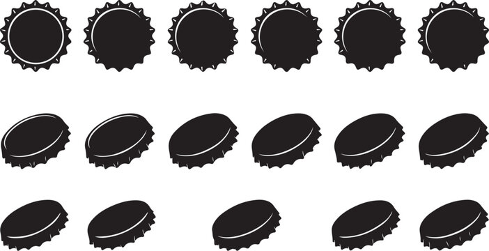 Black bottle caps, vector icons, isolated on white background, packaging design elements